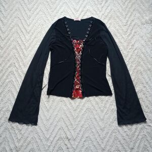Y2K Sheer Mesh Ribbon Corset Style Gothic Blouse